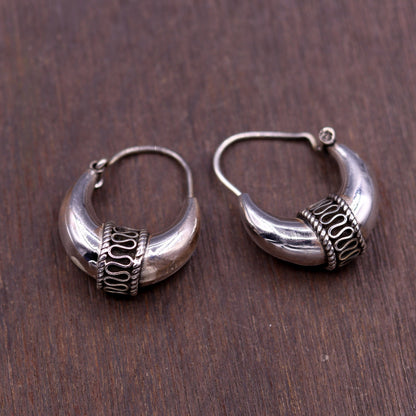 Handmade sterling silver tribal hoops earrings with vintage ethnic design, perfect for traditional belly dance and tribal jewelry styles.