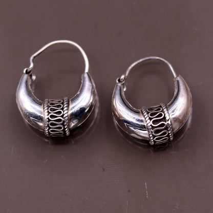 Handmade 925 sterling silver ethnic hoops earrings with vintage tribal design, perfect for traditional jewelry and belly dance accessories.