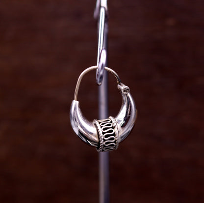Sterling silver handmade vintage tribal hoops earrings with ethnic ethnic design, perfect for tribal belly dance jewelry and ethnic fashion.