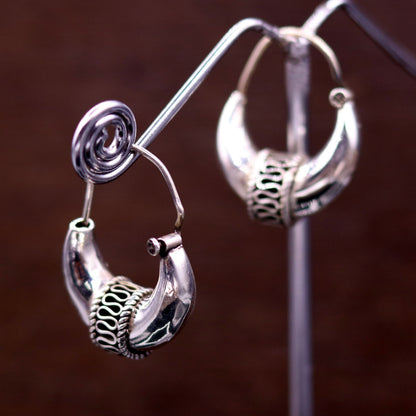 Handmade 925 sterling silver traditional tribal hoops earrings with vintage ethnic design and intricate detailing for ethnic dance jewelry.