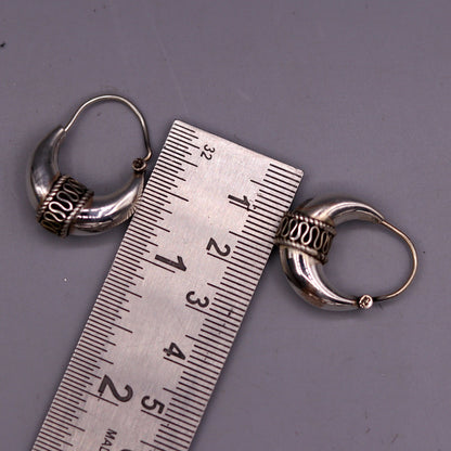 Handmade vintage tribal silver hoops earrings with ethnic design, perfect for belly dance and traditional ethnic jewelry styles.