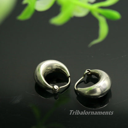 Handmade 925 sterling silver ethnic hoop earrings with vintage tribal design, perfect for traditional dance or tribal jewelry style.