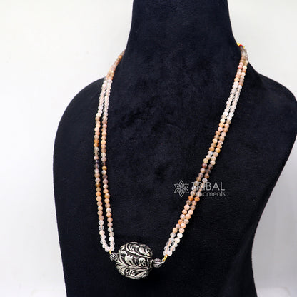 Trendy Indian traditional cultural multicolor stone beaded 925 sterling silver ball pendant necklace, choker tribal ethnic jewelry set612 - TRIBAL ORNAMENTS