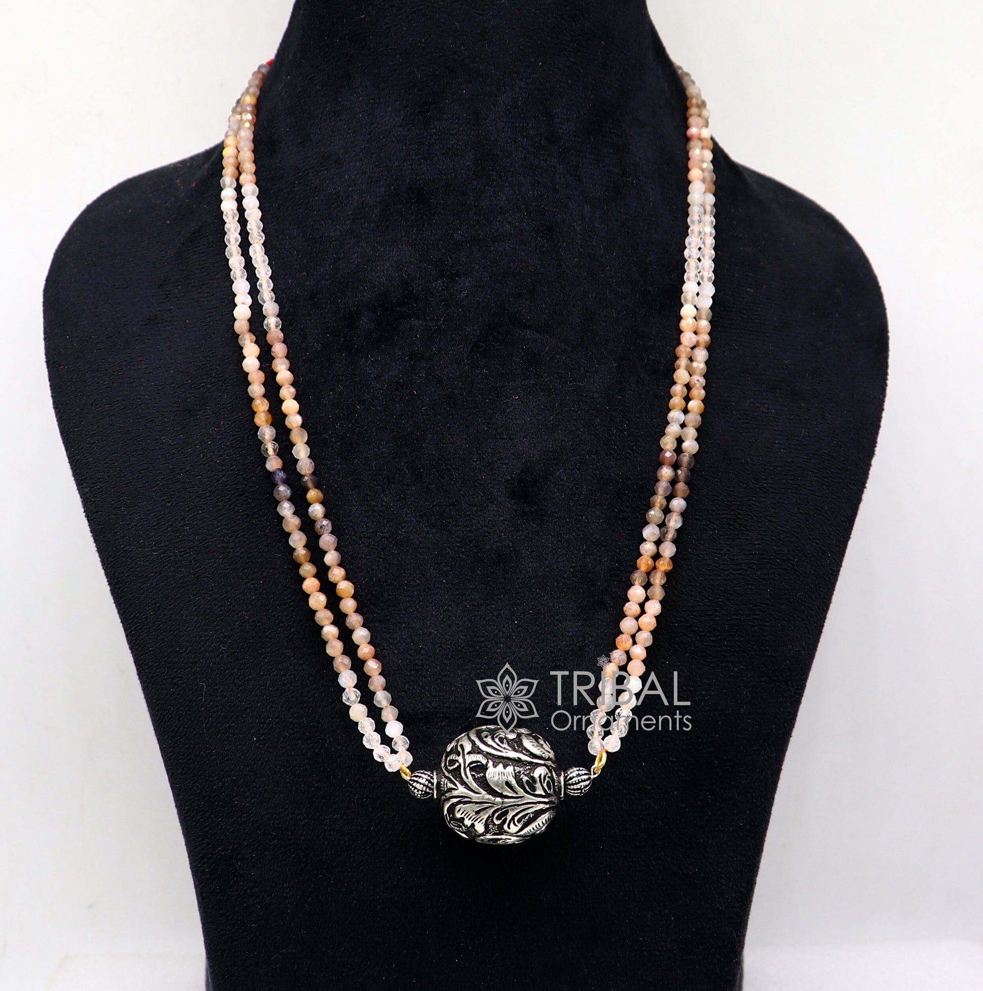 Trendy Indian traditional cultural multicolor stone beaded 925 sterling silver ball pendant necklace, choker tribal ethnic jewelry set612 - TRIBAL ORNAMENTS