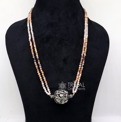 Trendy Indian traditional cultural multicolor stone beaded 925 sterling silver ball pendant necklace, choker tribal ethnic jewelry set612 - TRIBAL ORNAMENTS