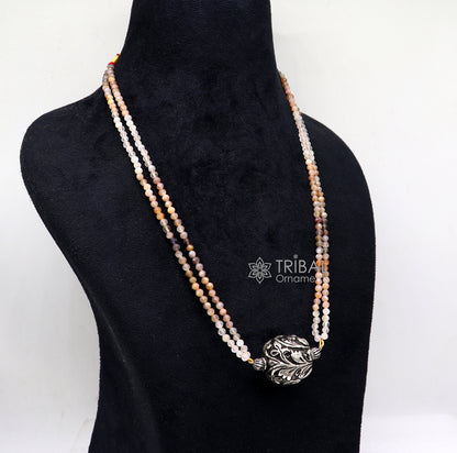 Trendy Indian traditional cultural multicolor stone beaded 925 sterling silver ball pendant necklace, choker tribal ethnic jewelry set612 - TRIBAL ORNAMENTS