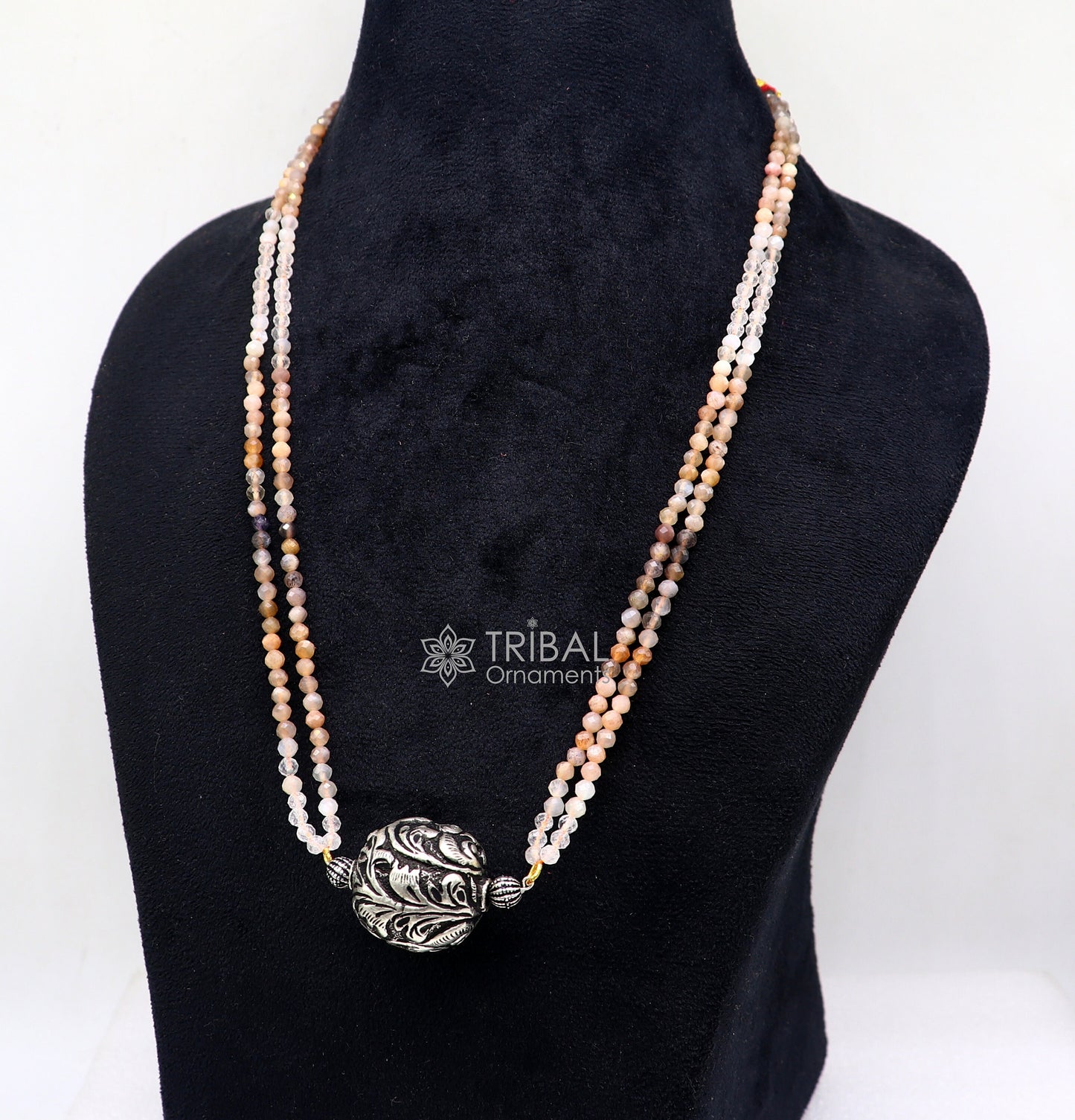 Trendy Indian traditional cultural multicolor stone beaded 925 sterling silver ball pendant necklace, choker tribal ethnic jewelry set612 - TRIBAL ORNAMENTS