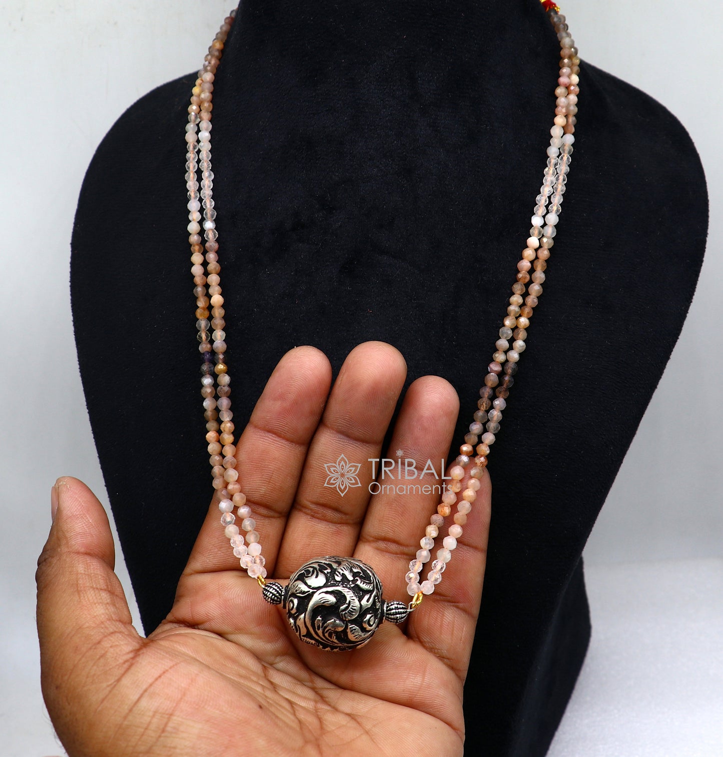 Trendy Indian traditional cultural multicolor stone beaded 925 sterling silver ball pendant necklace, choker tribal ethnic jewelry set612 - TRIBAL ORNAMENTS