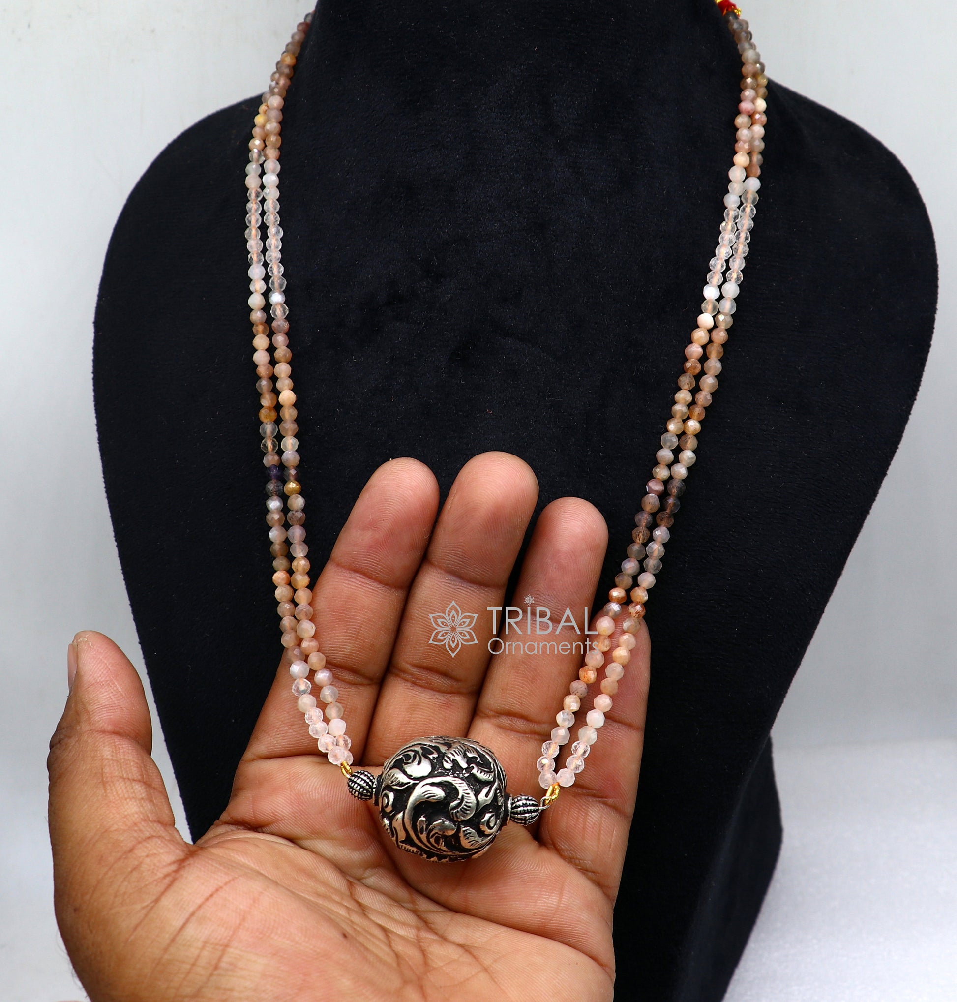 Trendy Indian traditional cultural multicolor stone beaded 925 sterling silver ball pendant necklace, choker tribal ethnic jewelry set612 - TRIBAL ORNAMENTS