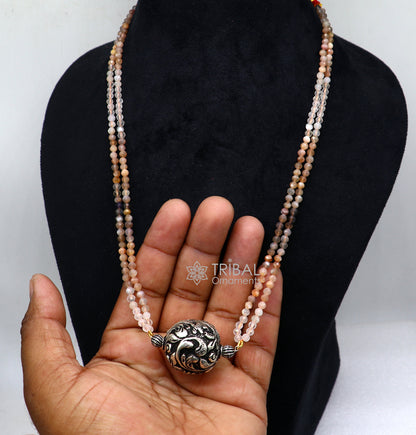 Trendy Indian traditional cultural multicolor stone beaded 925 sterling silver ball pendant necklace, choker tribal ethnic jewelry set612 - TRIBAL ORNAMENTS
