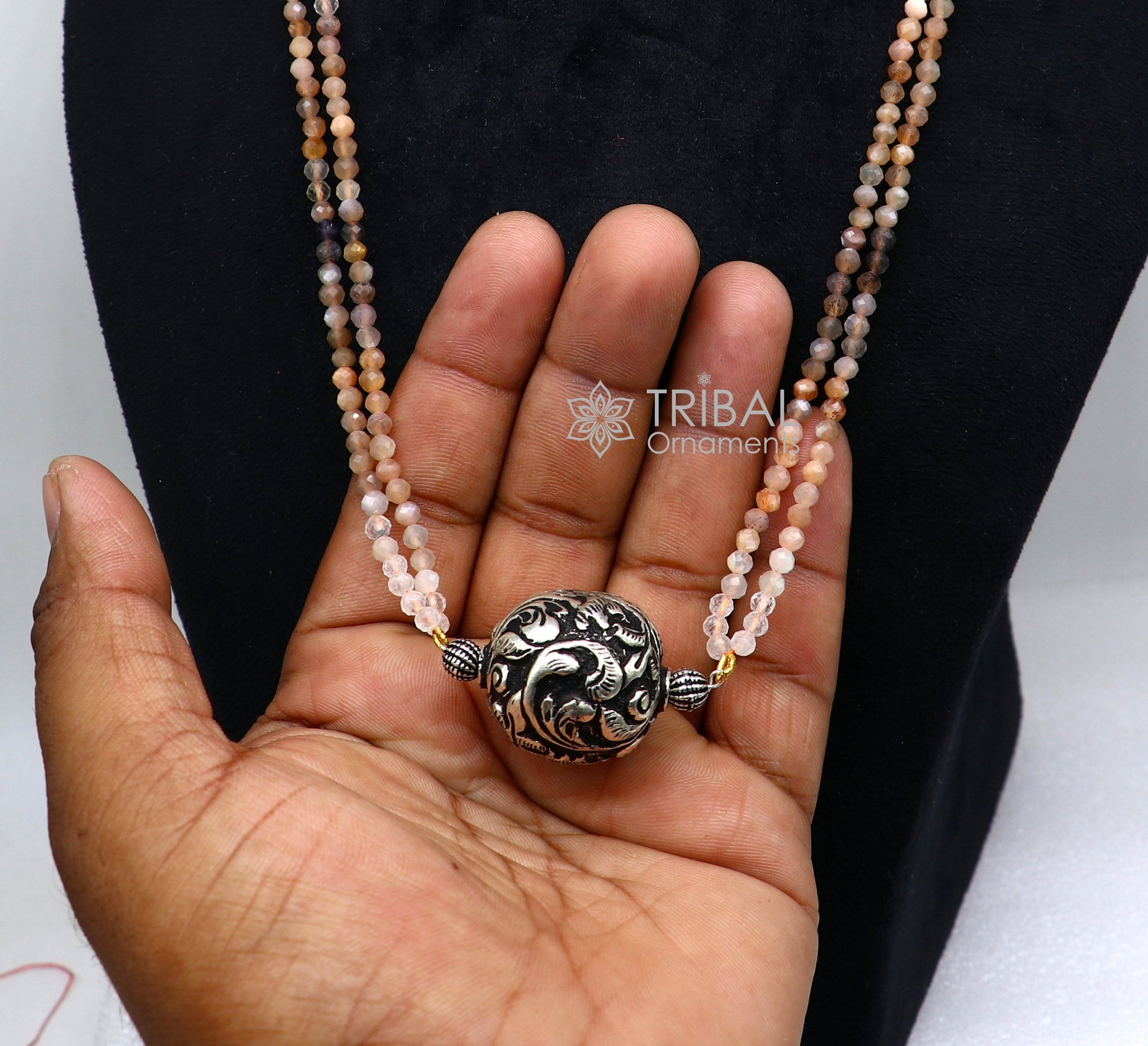 Trendy Indian traditional cultural multicolor stone beaded 925 sterling silver ball pendant necklace, choker tribal ethnic jewelry set612 - TRIBAL ORNAMENTS