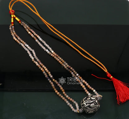Trendy Indian traditional cultural multicolor stone beaded 925 sterling silver ball pendant necklace, choker tribal ethnic jewelry set612 - TRIBAL ORNAMENTS