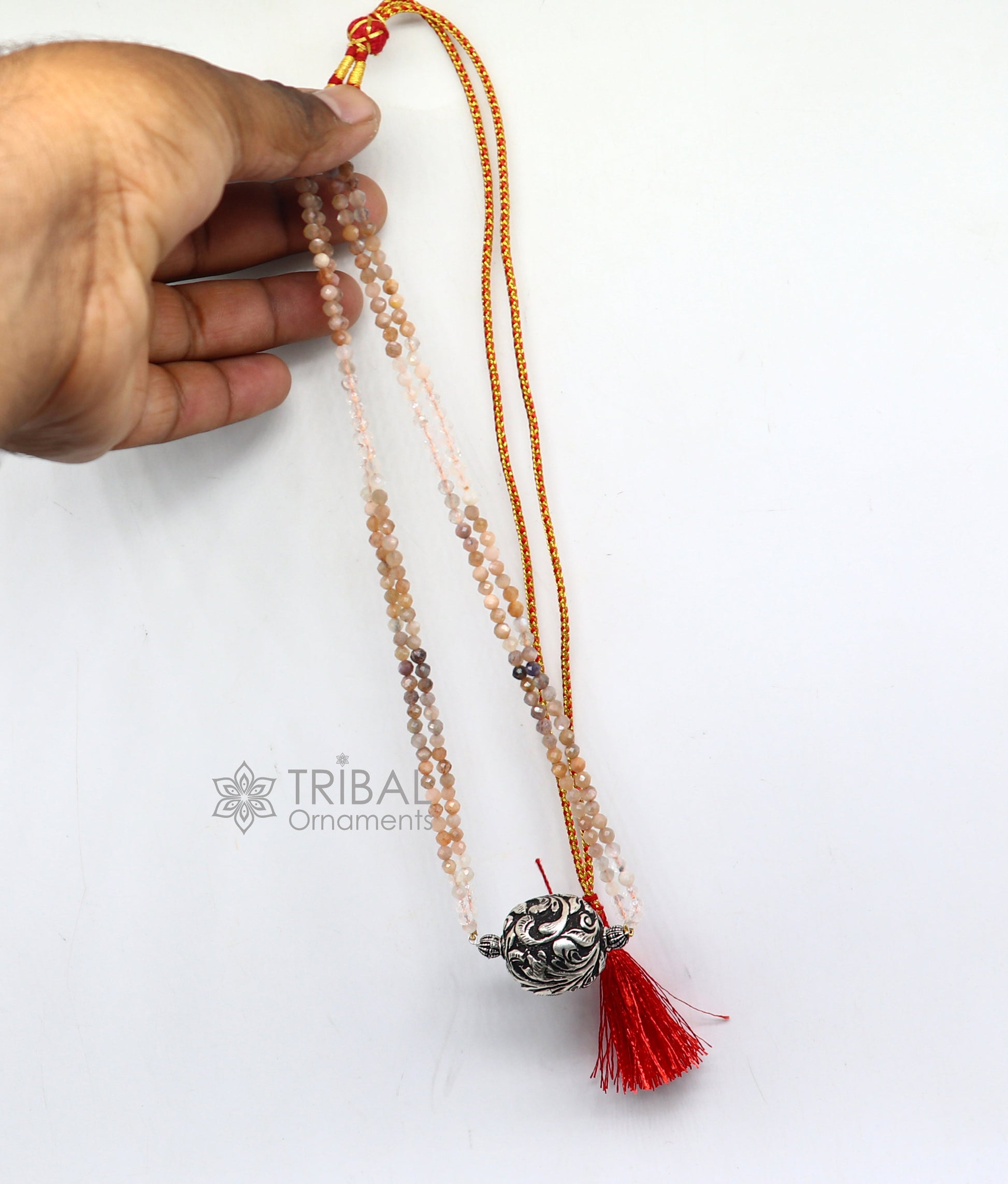 Trendy Indian traditional cultural multicolor stone beaded 925 sterling silver ball pendant necklace, choker tribal ethnic jewelry set612 - TRIBAL ORNAMENTS
