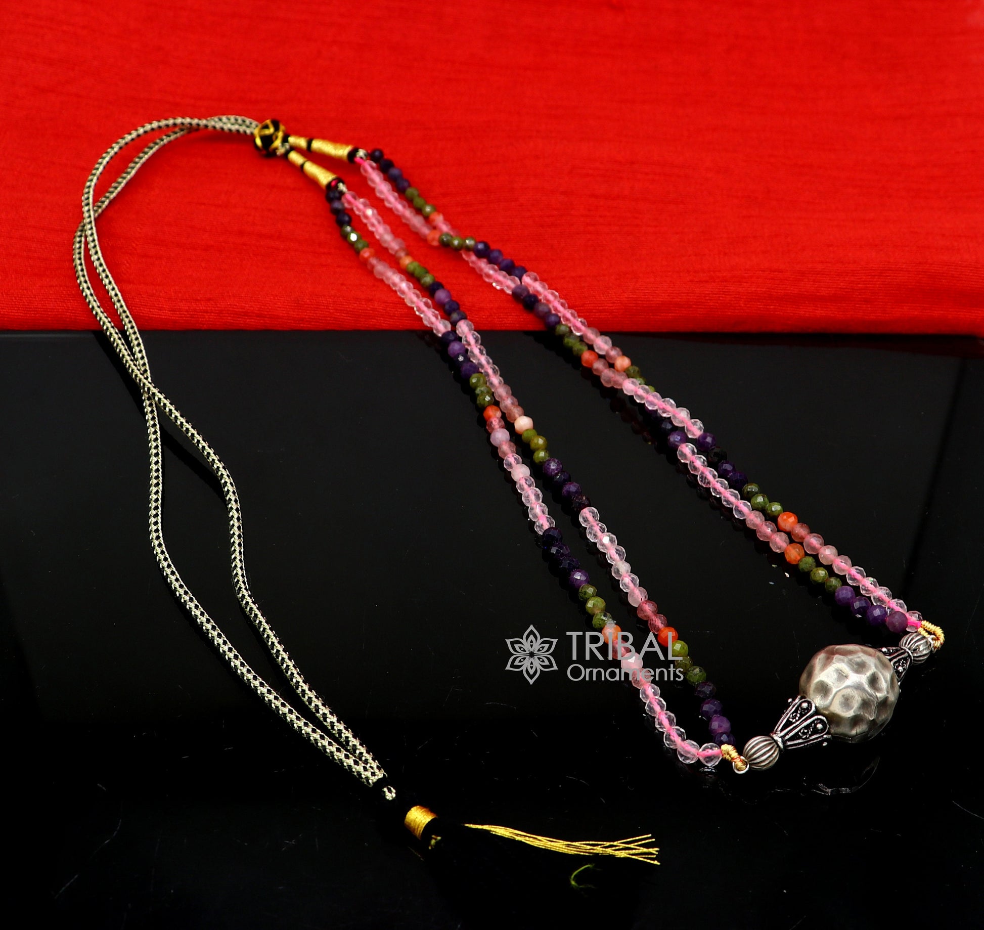 Trendy Indian traditional cultural multicolor stone beaded 925 sterling silver ball pendant necklace, choker tribal ethnic jewelry set613 - TRIBAL ORNAMENTS