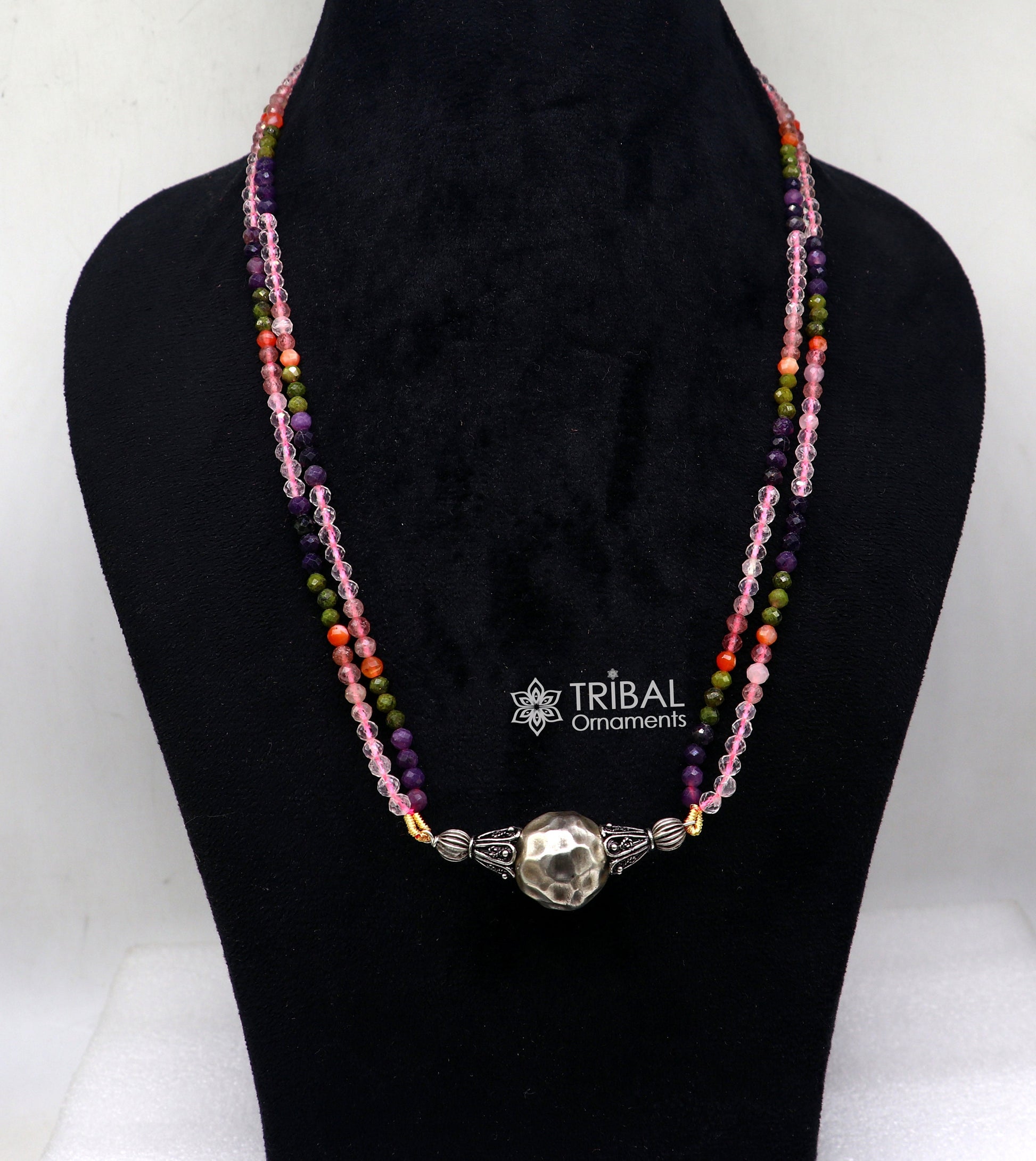 Trendy Indian traditional cultural multicolor stone beaded 925 sterling silver ball pendant necklace, choker tribal ethnic jewelry set613 - TRIBAL ORNAMENTS
