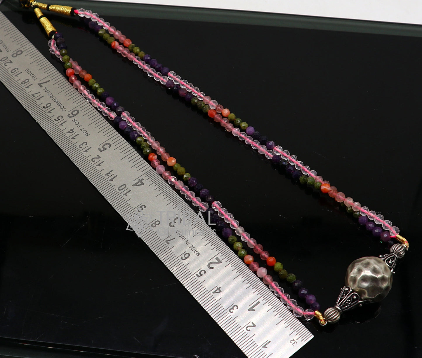 Trendy Indian traditional cultural multicolor stone beaded 925 sterling silver ball pendant necklace, choker tribal ethnic jewelry set613 - TRIBAL ORNAMENTS