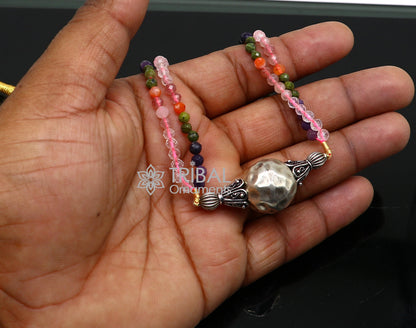 Trendy Indian traditional cultural multicolor stone beaded 925 sterling silver ball pendant necklace, choker tribal ethnic jewelry set613 - TRIBAL ORNAMENTS