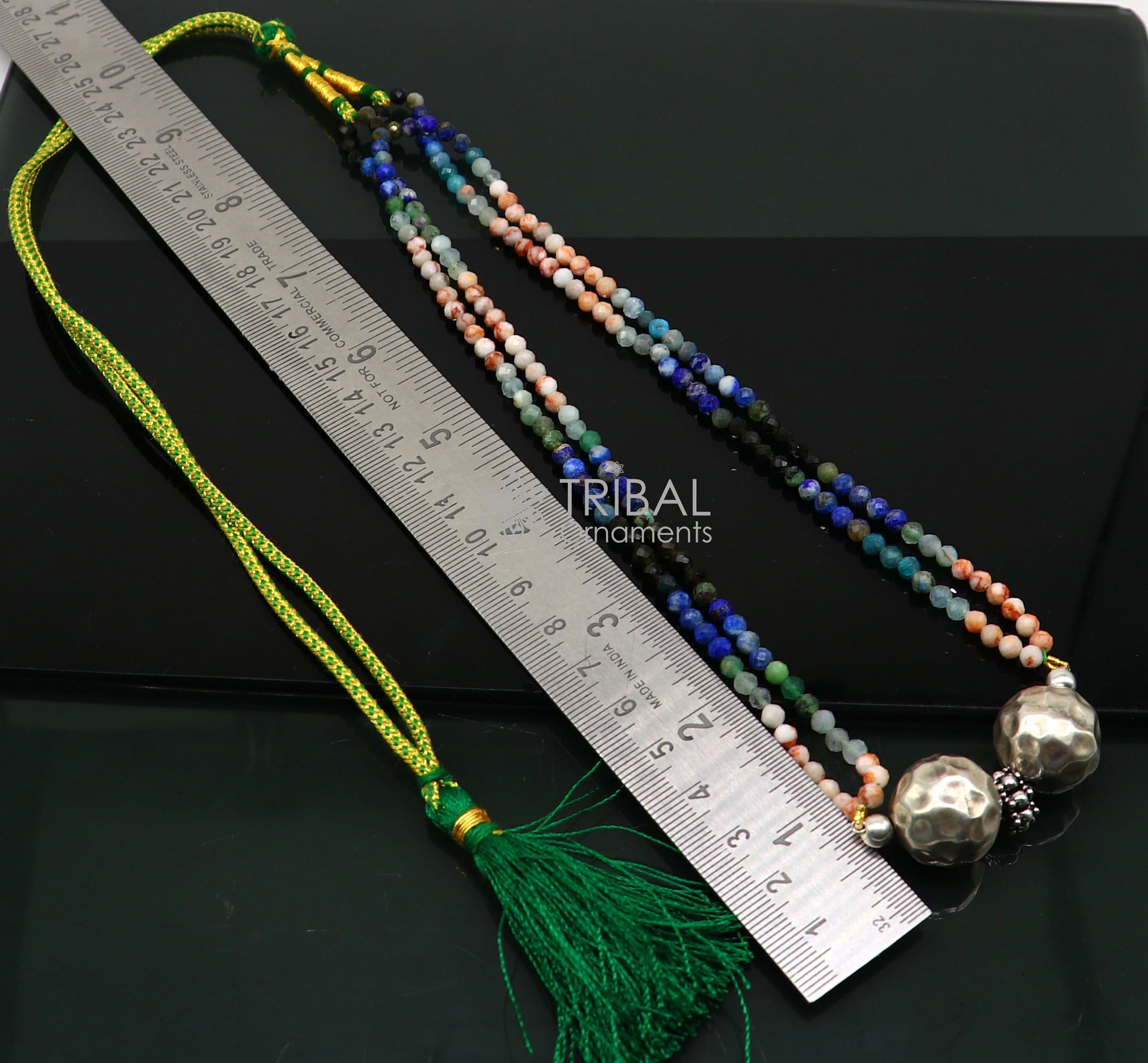 Multicolor stone beaded Indian sterling silver pendant necklace with ball pendant, tribal ethnic jewelry set by TRIBAL ORNAMENTS.
