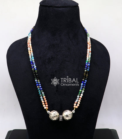 Multicolor stone beaded Indian sterling silver pendant necklace with tribal-inspired design and matching choker jewelry set.