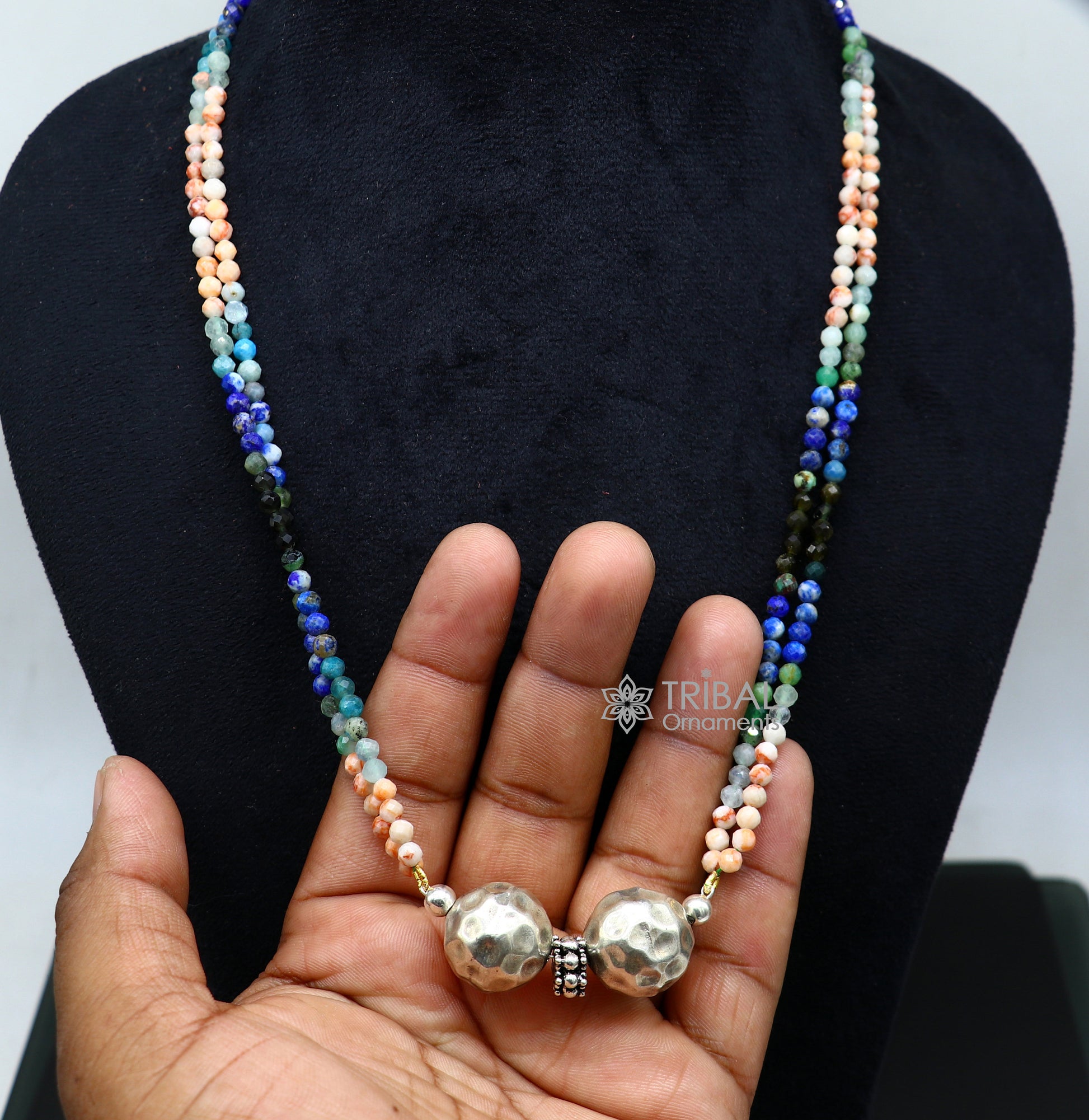 Multicolor stone beaded sterling silver Indian traditional pendant necklace with tribal ball pendant, part of ethnic jewelry set.