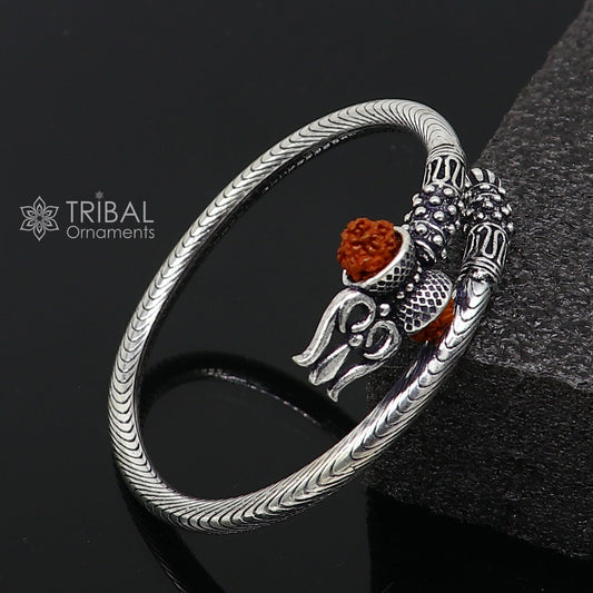 Trendy Lord Shiva trident trishul trishool kada 925 Sterling silver handmade bangle bracelet with natural Rudraksha magical  kada nsk741 - TRIBAL ORNAMENTS