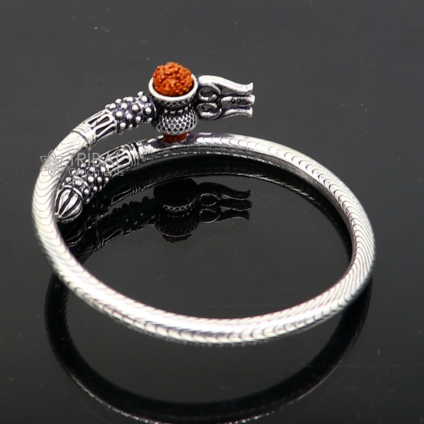 Trendy Lord Shiva trident trishul trishool kada 925 Sterling silver handmade bangle bracelet with natural Rudraksha magical  kada nsk741 - TRIBAL ORNAMENTS