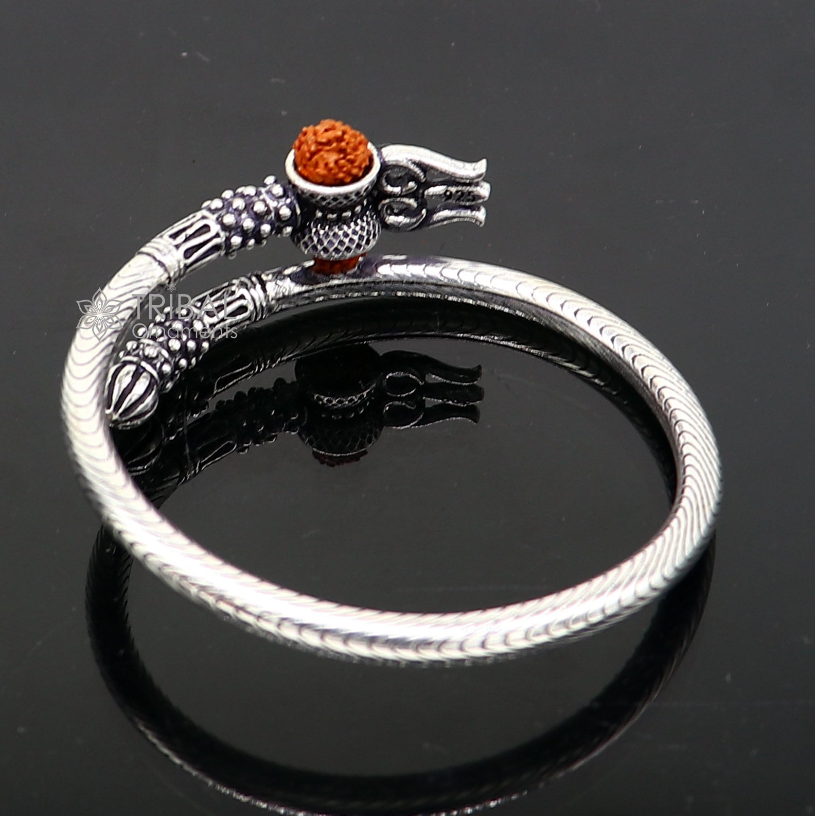 Trendy Lord Shiva trident trishul trishool kada 925 Sterling silver handmade bangle bracelet with natural Rudraksha magical  kada nsk741 - TRIBAL ORNAMENTS