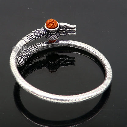 Trendy Lord Shiva trident trishul trishool kada 925 Sterling silver handmade bangle bracelet with natural Rudraksha magical  kada nsk741 - TRIBAL ORNAMENTS
