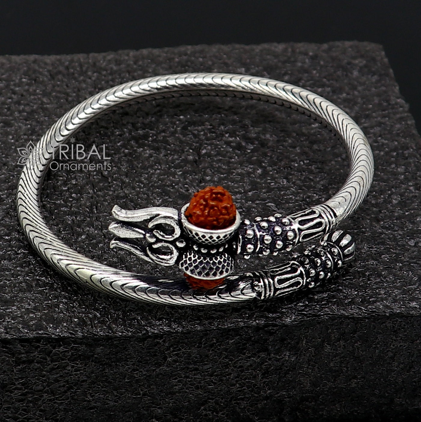 Trendy Lord Shiva trident trishul trishool kada 925 Sterling silver handmade bangle bracelet with natural Rudraksha magical  kada nsk741 - TRIBAL ORNAMENTS