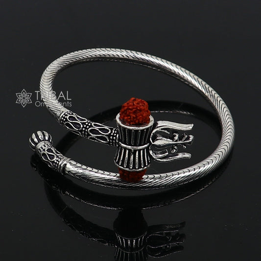 Trendy Lord Shiva trident trishul trishool kada 925 Sterling silver handmade bangle bracelet with natural Rudraksha magical  kada nsk742 - TRIBAL ORNAMENTS