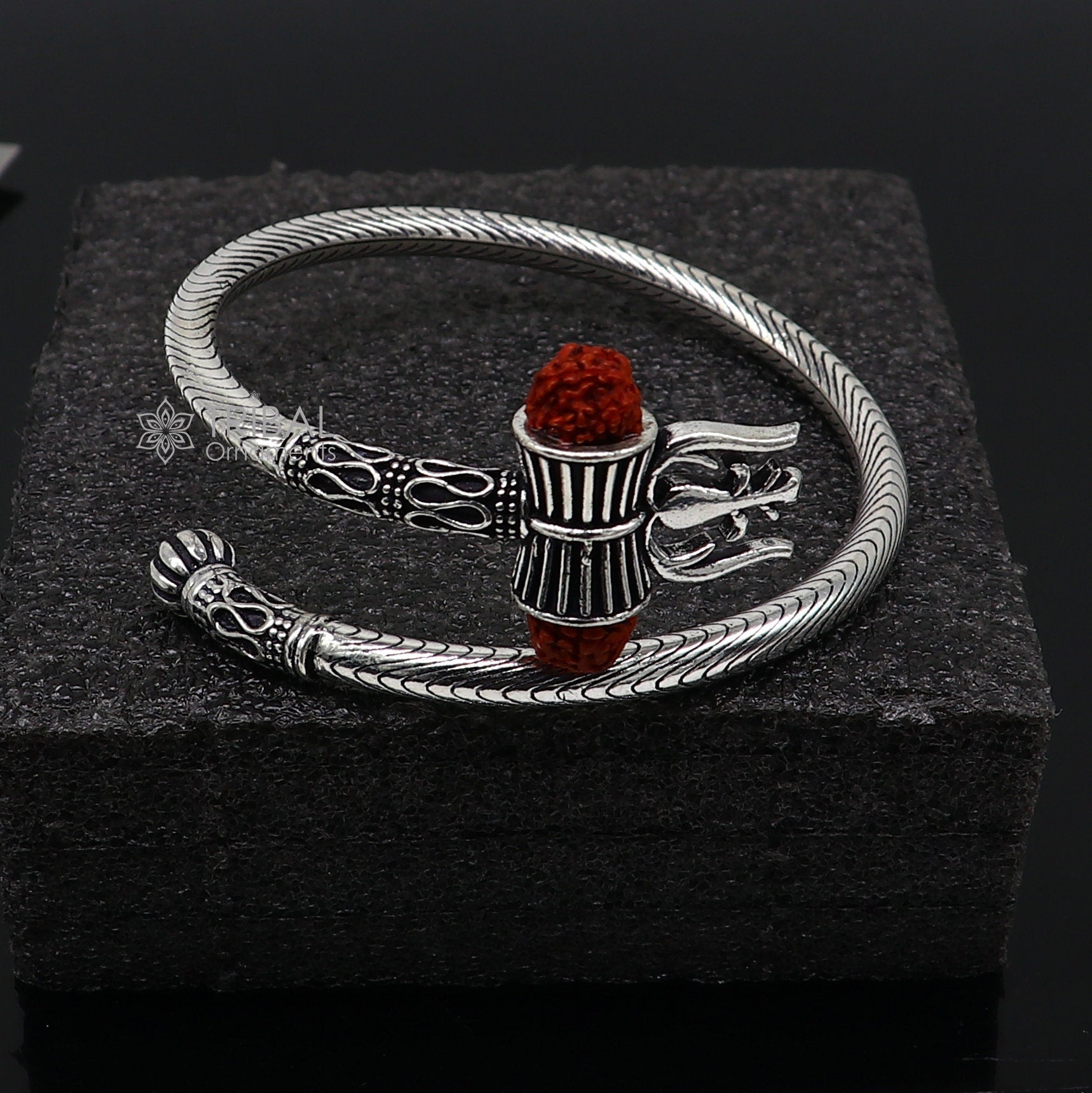 Trendy Lord Shiva trident trishul trishool kada 925 Sterling silver handmade bangle bracelet with natural Rudraksha magical  kada nsk742 - TRIBAL ORNAMENTS