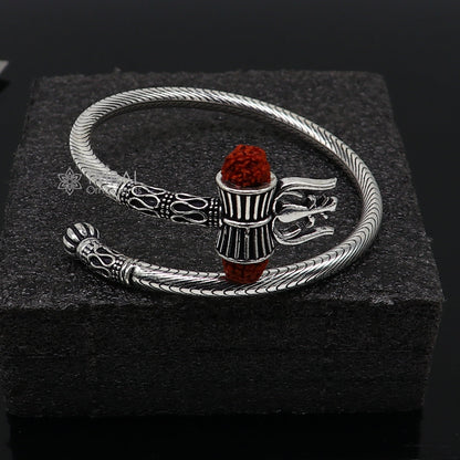 Trendy Lord Shiva trident trishul trishool kada 925 Sterling silver handmade bangle bracelet with natural Rudraksha magical  kada nsk742 - TRIBAL ORNAMENTS