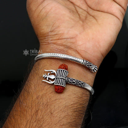 Trendy Lord Shiva trident trishul trishool kada 925 Sterling silver handmade bangle bracelet with natural Rudraksha magical  kada nsk742 - TRIBAL ORNAMENTS