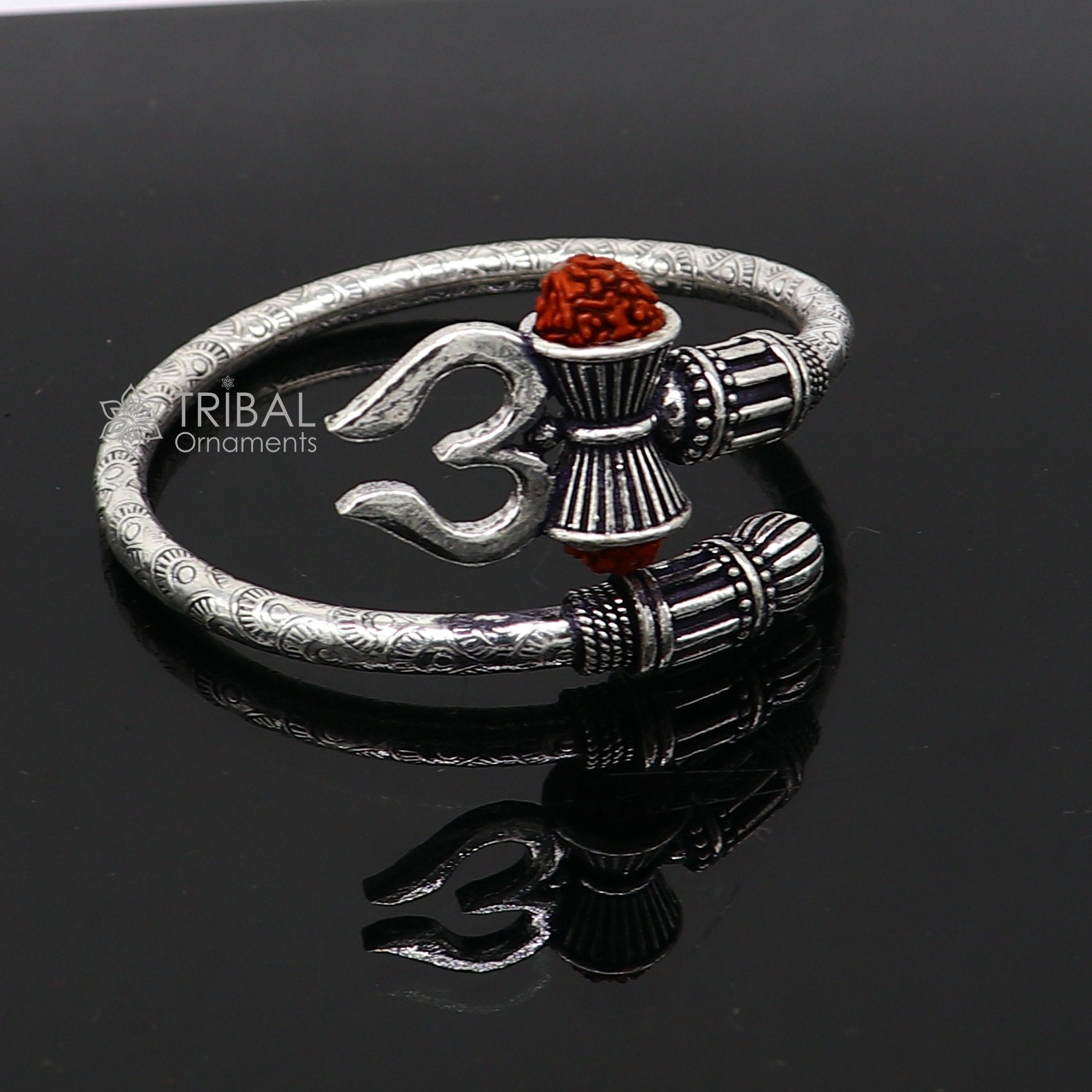 Trendy Lord Shiva trident trishul trishool kada 925 Sterling silver handmade bangle bracelet with natural Rudraksha magical  kada nsk743 - TRIBAL ORNAMENTS