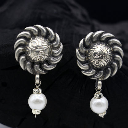 Tribal Ornaments handmade sterling silver stud earrings with round flower and pearl design, tribal ethnic jewelry, S1292