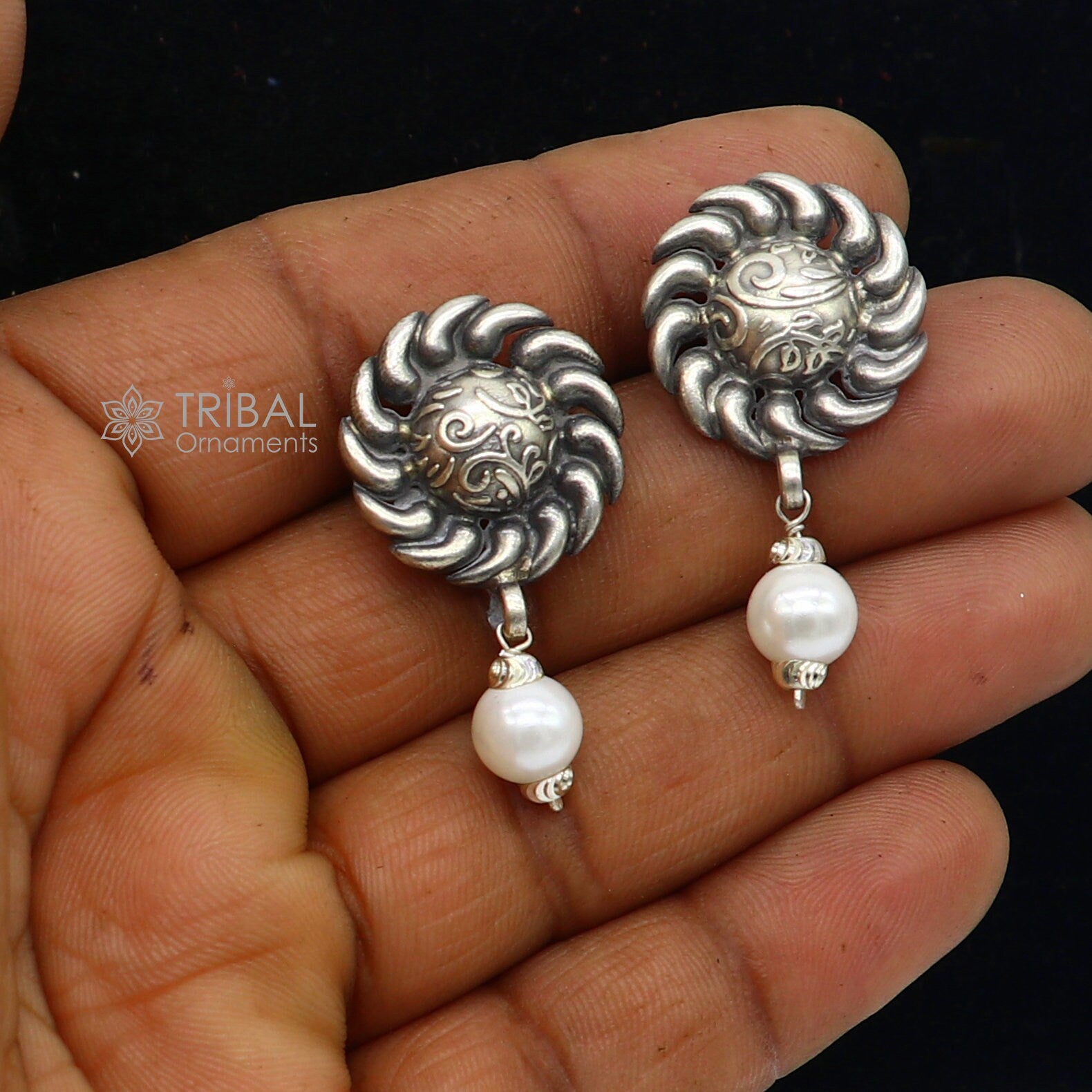 Tribal Ornaments handmade sterling silver stud earrings with round flower design and pearl accents, stylish ethnic jewelry.