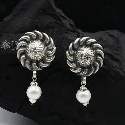 Tribal Ornaments handmade sterling silver stud earrings with round flower design and pearl, tribal ethnic jewelry.