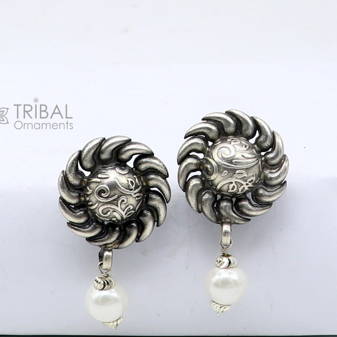 Tribal Ornaments round flower design pearl stud earrings made of 92.5 sterling silver, stylish handmade tribal ethnic jewelry