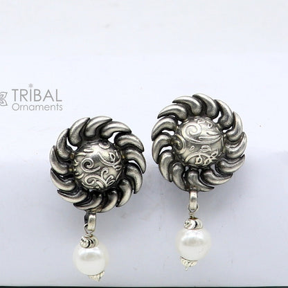 Tribal Ornaments round flower design pearl stud earrings made of 92.5 sterling silver, stylish handmade tribal ethnic jewelry