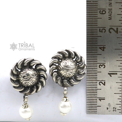 Tribal Ornaments handmade sterling silver stud earrings with round flower design and pearl accents, stylish tribal ethnic jewelry