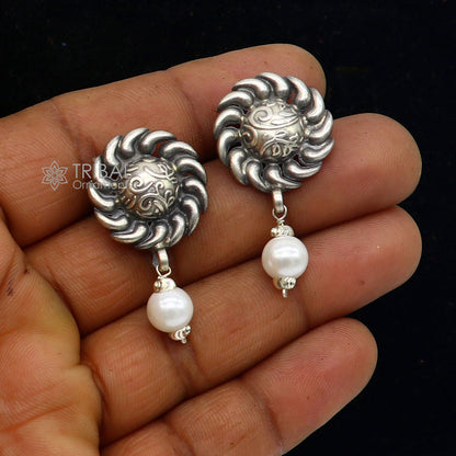 Tribal Ornaments handmade sterling silver stud earrings with round flower design and pearl, stylish tribal ethnic jewelry.