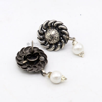 Trendy round flower design pearl sterling silver stud earrings by TRIBAL ORNAMENTS, handmade tribal ethnic jewelry.