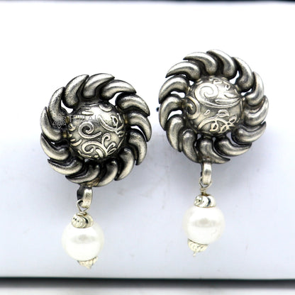 Tribal Ornaments handmade sterling silver stud earrings with round flower design and pearl accents, ethnic tribal jewelry.