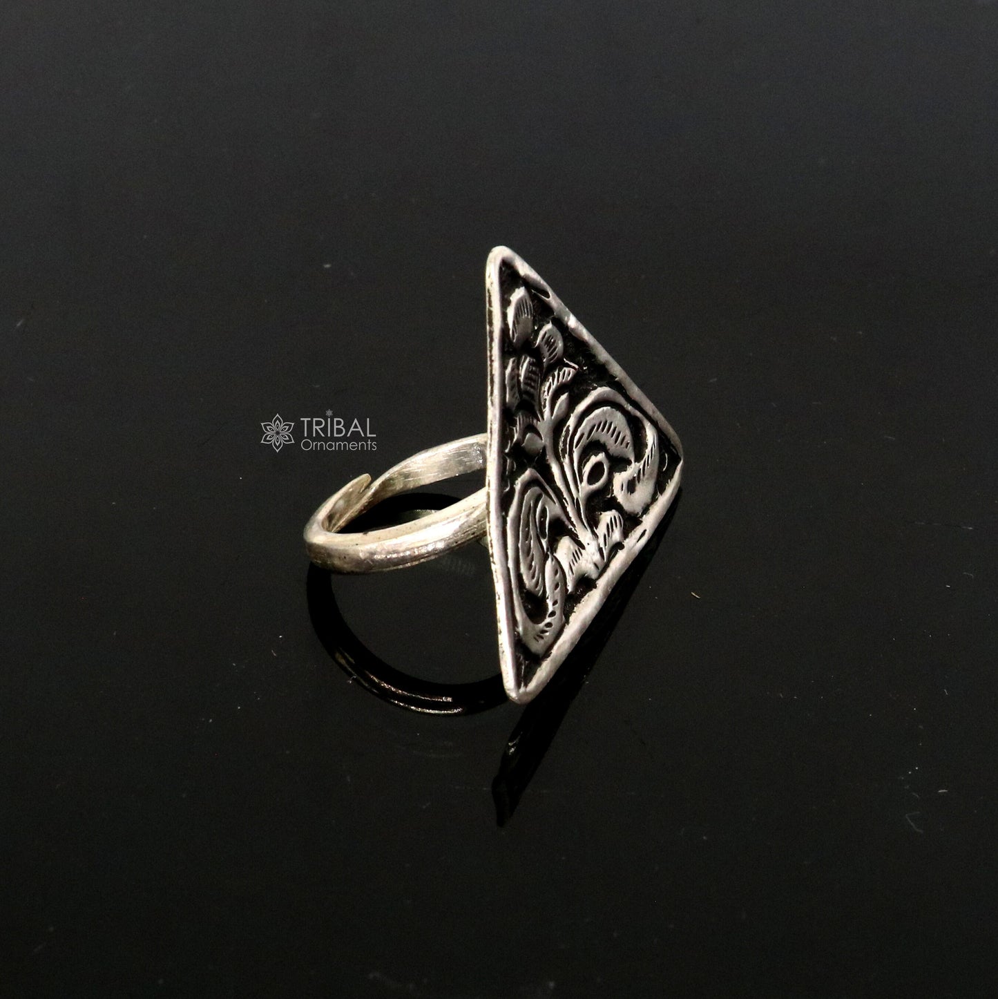 Triangle shape Traditional cultural design 925 sterling silver adjustable ring, best tribal ethnic jewelry Navratri dance jewelry sr387 - TRIBAL ORNAMENTS