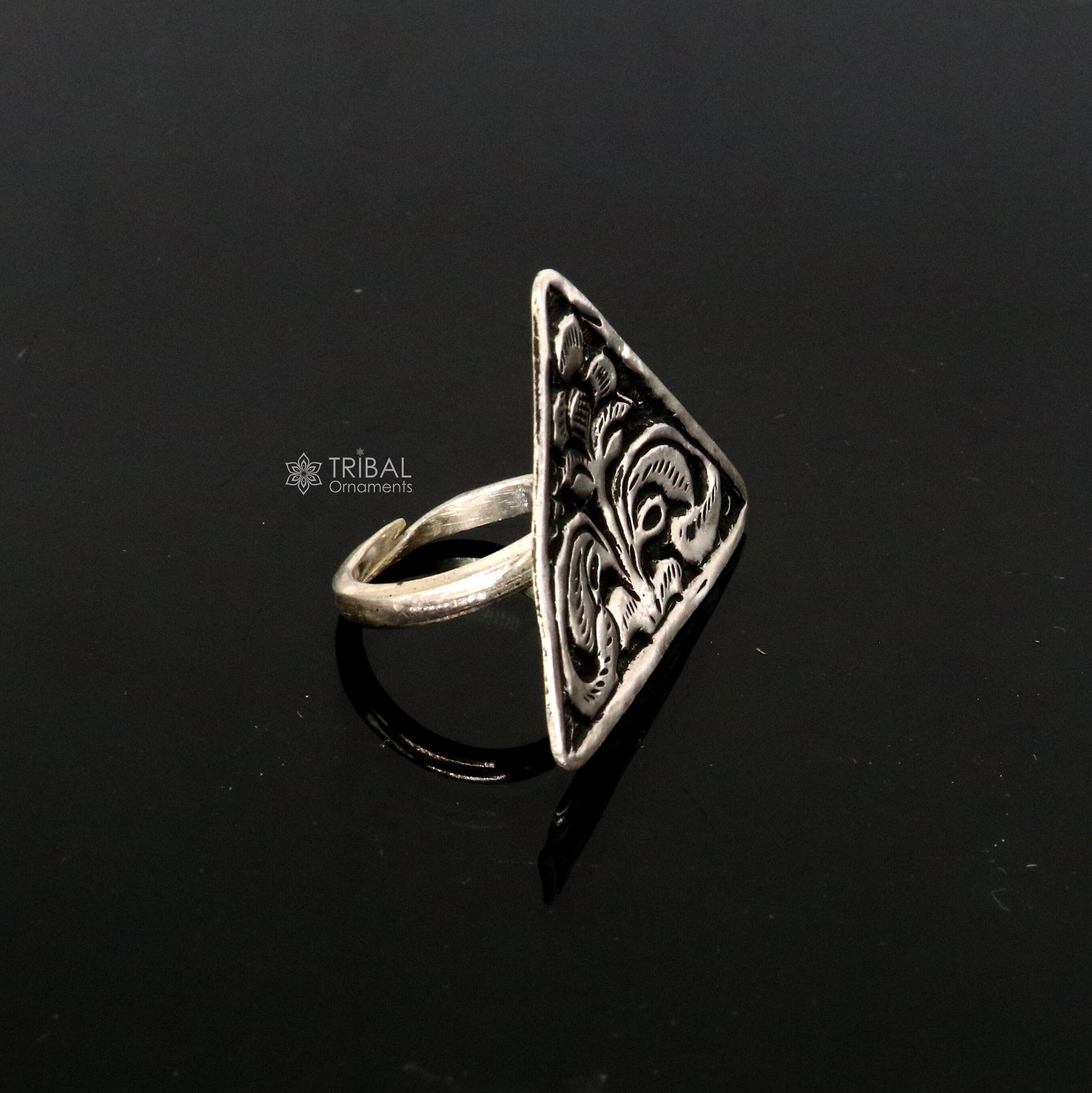 Triangle shape Traditional cultural design 925 sterling silver adjustable ring, best tribal ethnic jewelry Navratri dance jewelry sr387 - TRIBAL ORNAMENTS
