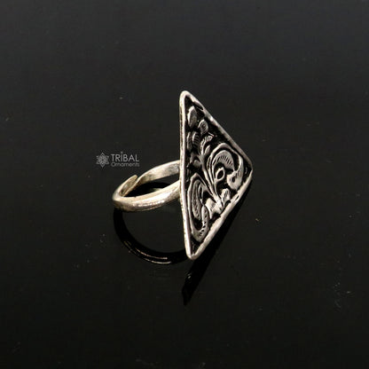 Triangle shape Traditional cultural design 925 sterling silver adjustable ring, best tribal ethnic jewelry Navratri dance jewelry sr387 - TRIBAL ORNAMENTS