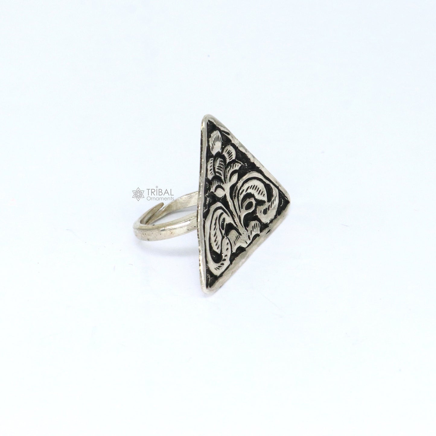 Triangle shape Traditional cultural design 925 sterling silver adjustable ring, best tribal ethnic jewelry Navratri dance jewelry sr387 - TRIBAL ORNAMENTS