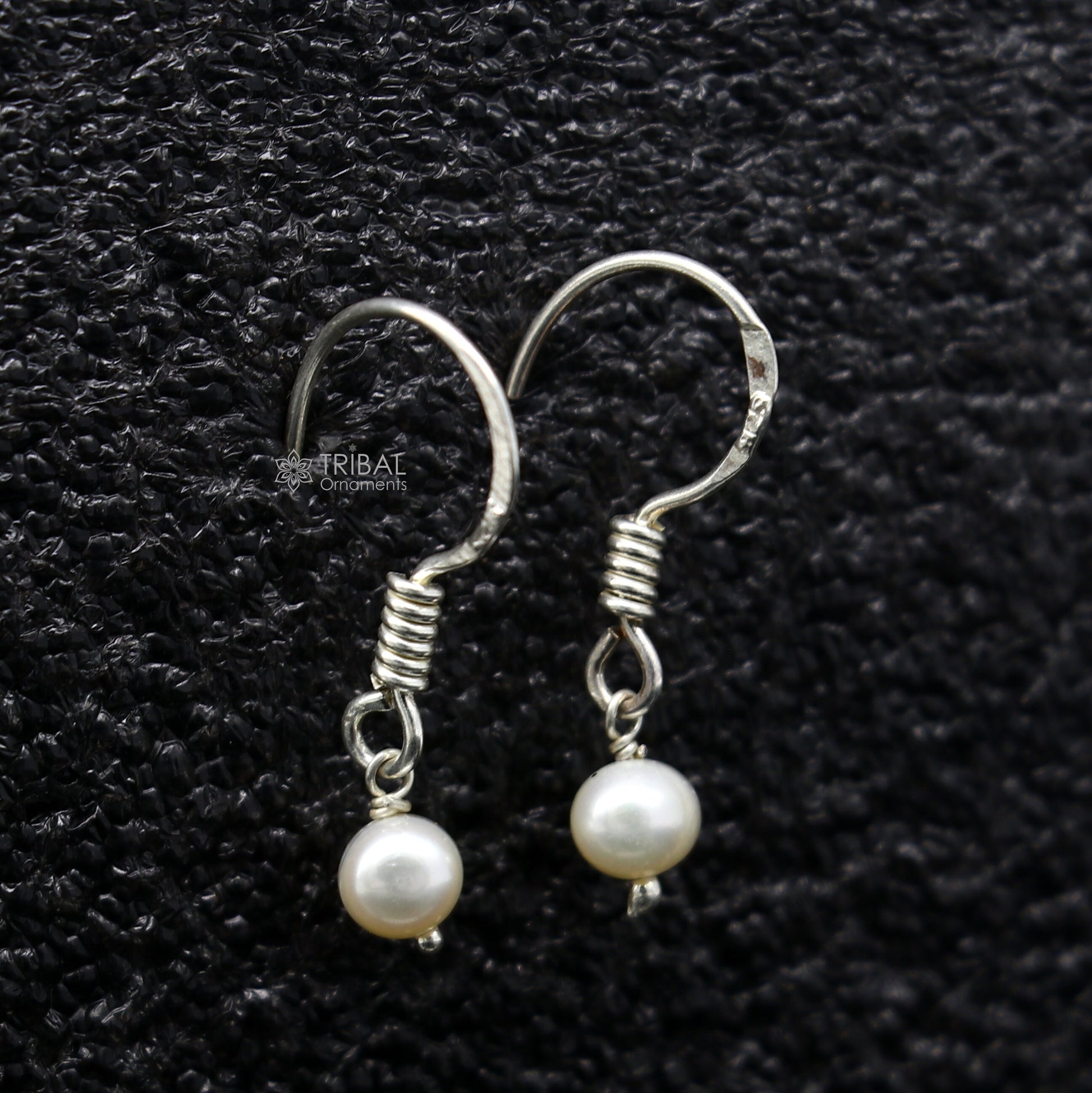 Sterling silver hoop earrings with elegant pearls and stones, lightweight and delicate jewelry from Tribal Ornaments.