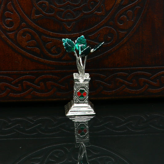 Unique 925 sterling silver handmade mini tulsi plant basil rosary plant, puja temple article, customized silver utensils article art su221 - TRIBAL ORNAMENTS