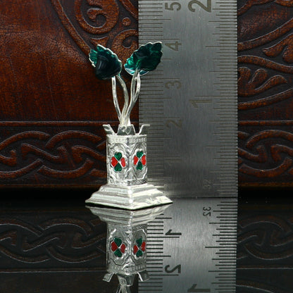 Handmade 925 sterling silver mini Tulsi basil plant rosary for puja temple, crafted by TRIBAL ORNAMENTS.